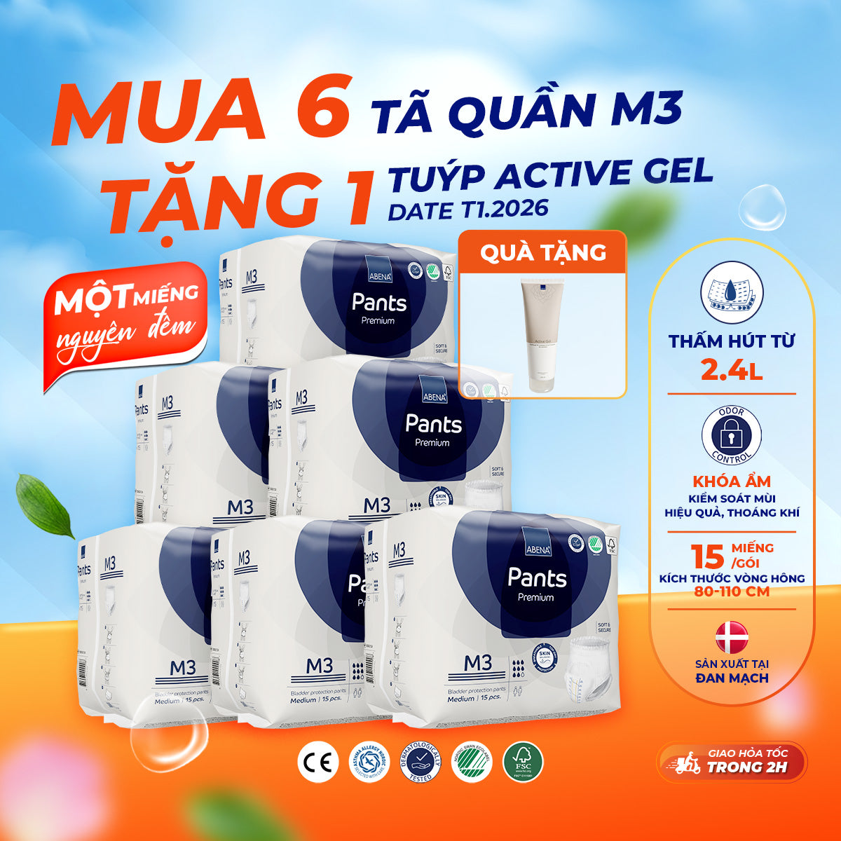 Tã quần người lớn Abena Pants Premium M3 miếng thấm hút 2.400ml - Nhập khẩu Đan Mạch