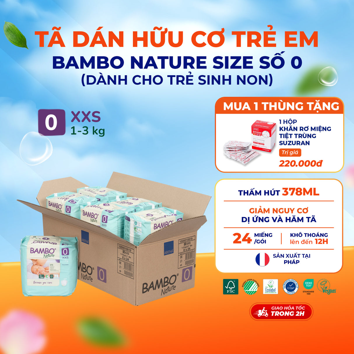 Tã Dán Hữu Cơ Trẻ Em Cao Cấp Bambo Nature - Thoáng Khí - Mỏng Nhẹ, An Toàn Cho Da Bé - Đạt Chứng Nhận An Toàn Quốc Tế