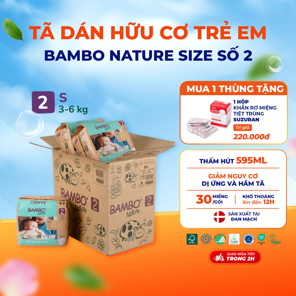 Tã Dán Hữu Cơ Trẻ Em Cao Cấp Bambo Nature - Thoáng Khí - Mỏng Nhẹ, An Toàn Cho Da Bé - Đạt Chứng Nhận An Toàn Quốc Tế