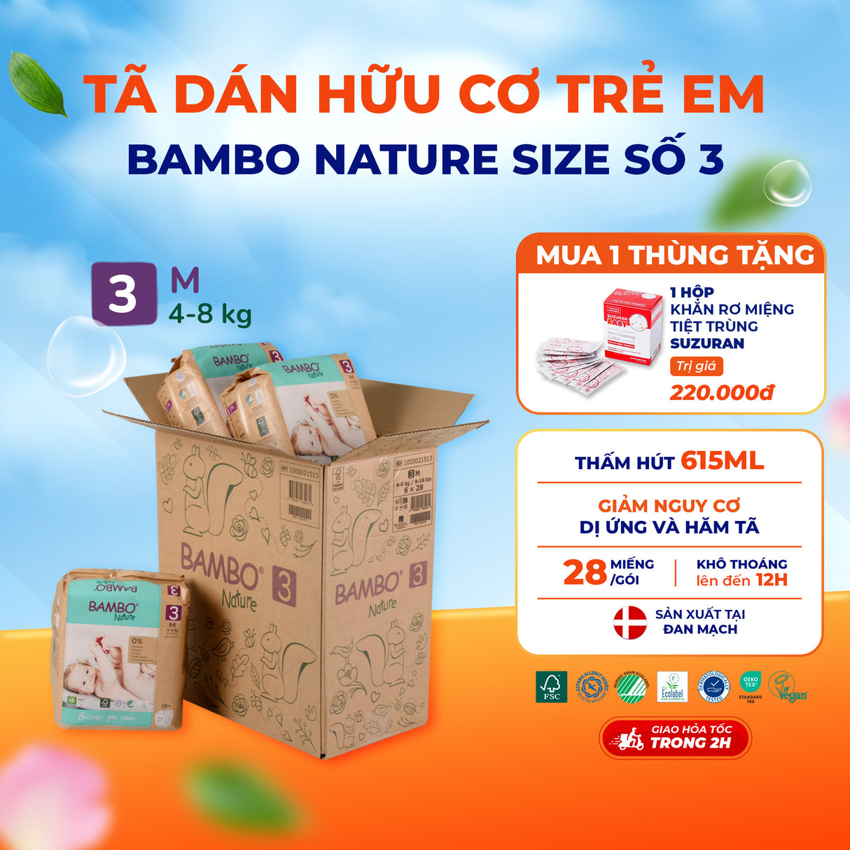 Tã Dán Hữu Cơ Trẻ Em Cao Cấp Bambo Nature - Thoáng Khí - Mỏng Nhẹ, An Toàn Cho Da Bé - Đạt Chứng Nhận An Toàn Quốc Tế