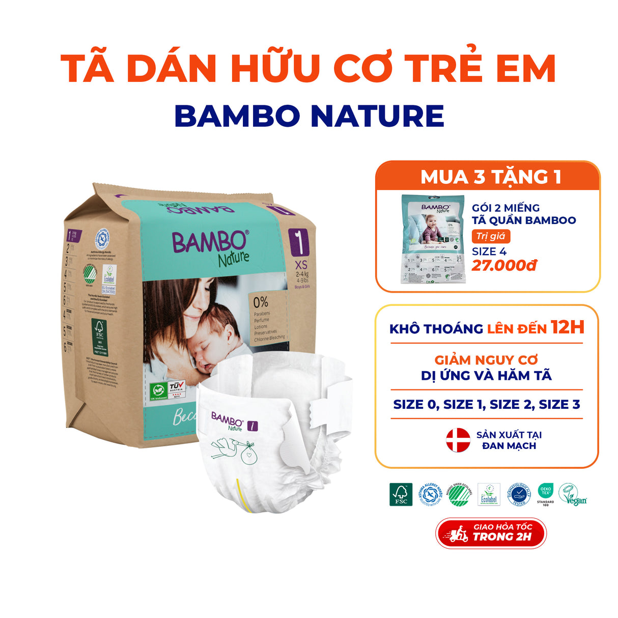 Tã Dán Hữu Cơ Trẻ Em Cao Cấp Bambo Nature - Thoáng Khí - Mỏng Nhẹ, An Toàn Cho Da Bé - Đạt Chứng Nhận An Toàn Quốc Tế