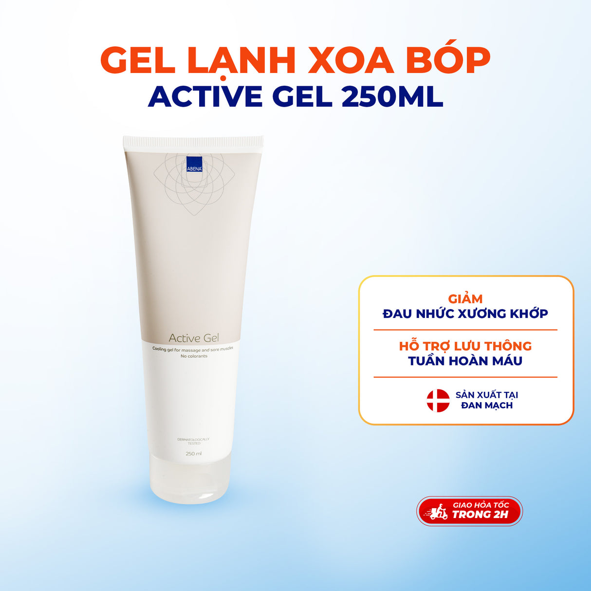 Gel xoa bóp lạnh hỗ trợ đau cơ Abena Active Gel mẫu mới - Nhập khẩu Đan Mạch (tuýp 250ml)