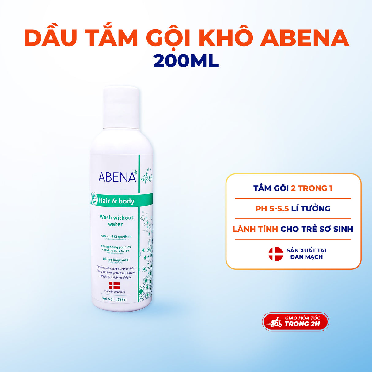 Dầu gội tắm khô Abena giúp làm sạch dịu nhẹ an toàn cho da - Nhập Khẩu Đan Mạch (Chai 200m )