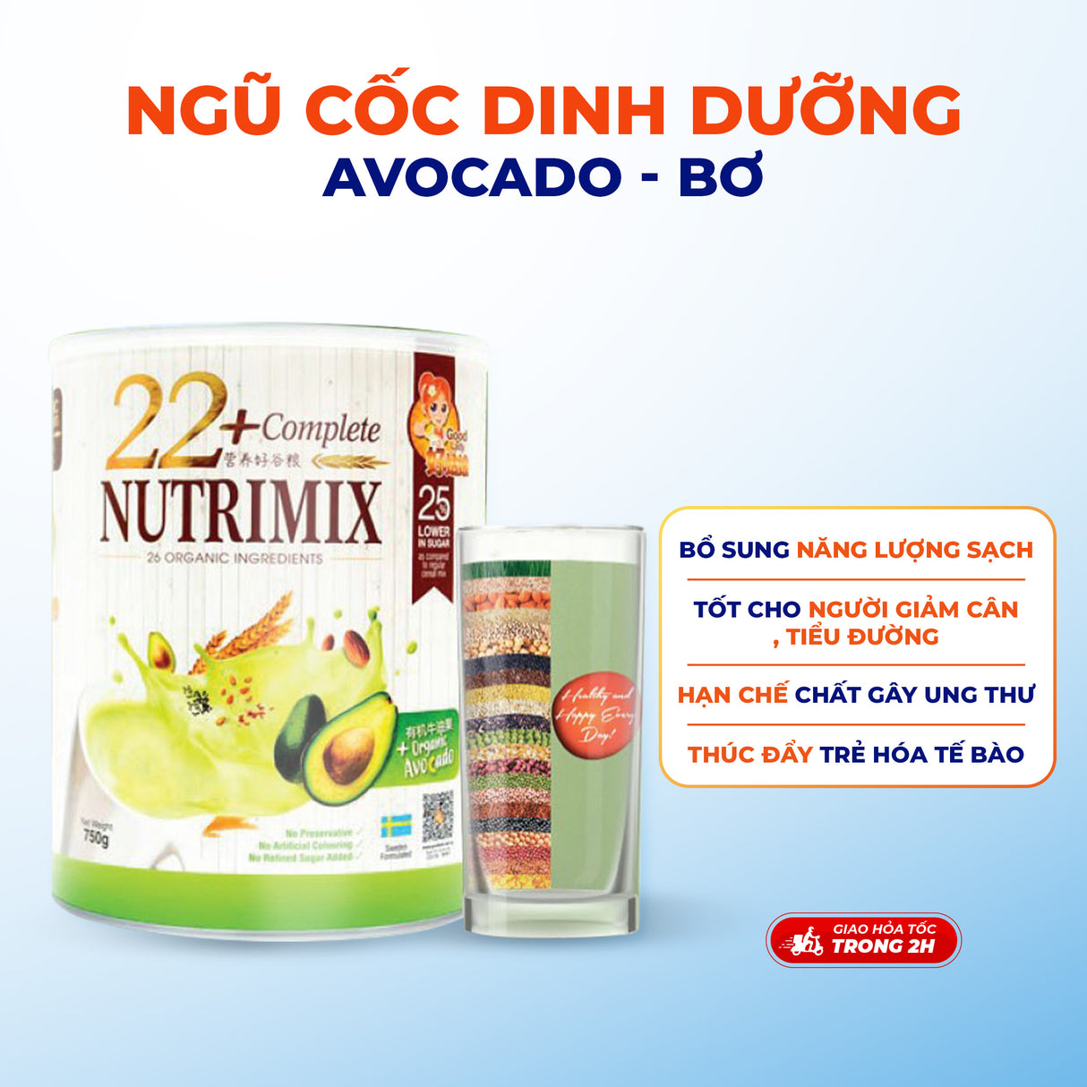 Bột Ngũ Cốc Dinh Dưỡng 22 Complete Nutrimix (750 G/Hộp Thiếc), hỗ trợ chăm sóc sức khỏe Hạn chế các chất gây ra ung thư