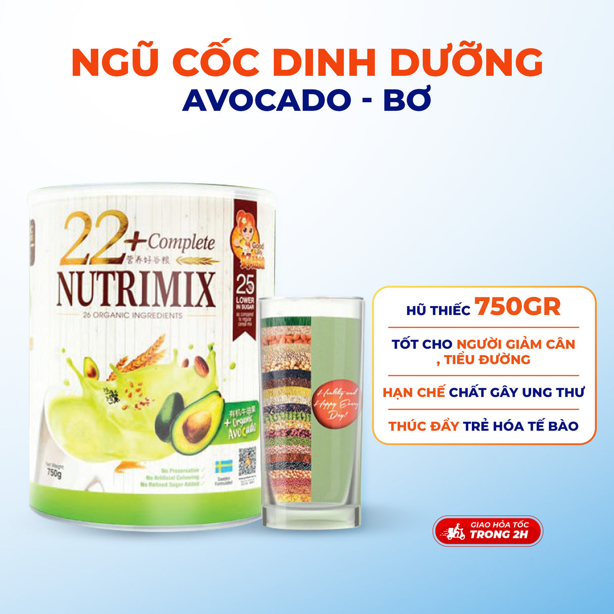 Bột Ngũ Cốc Dinh Dưỡng 22 Complete Nutrimix (750 G/Hộp Thiếc), hỗ trợ chăm sóc sức khỏe Hạn chế các chất gây ra ung thư