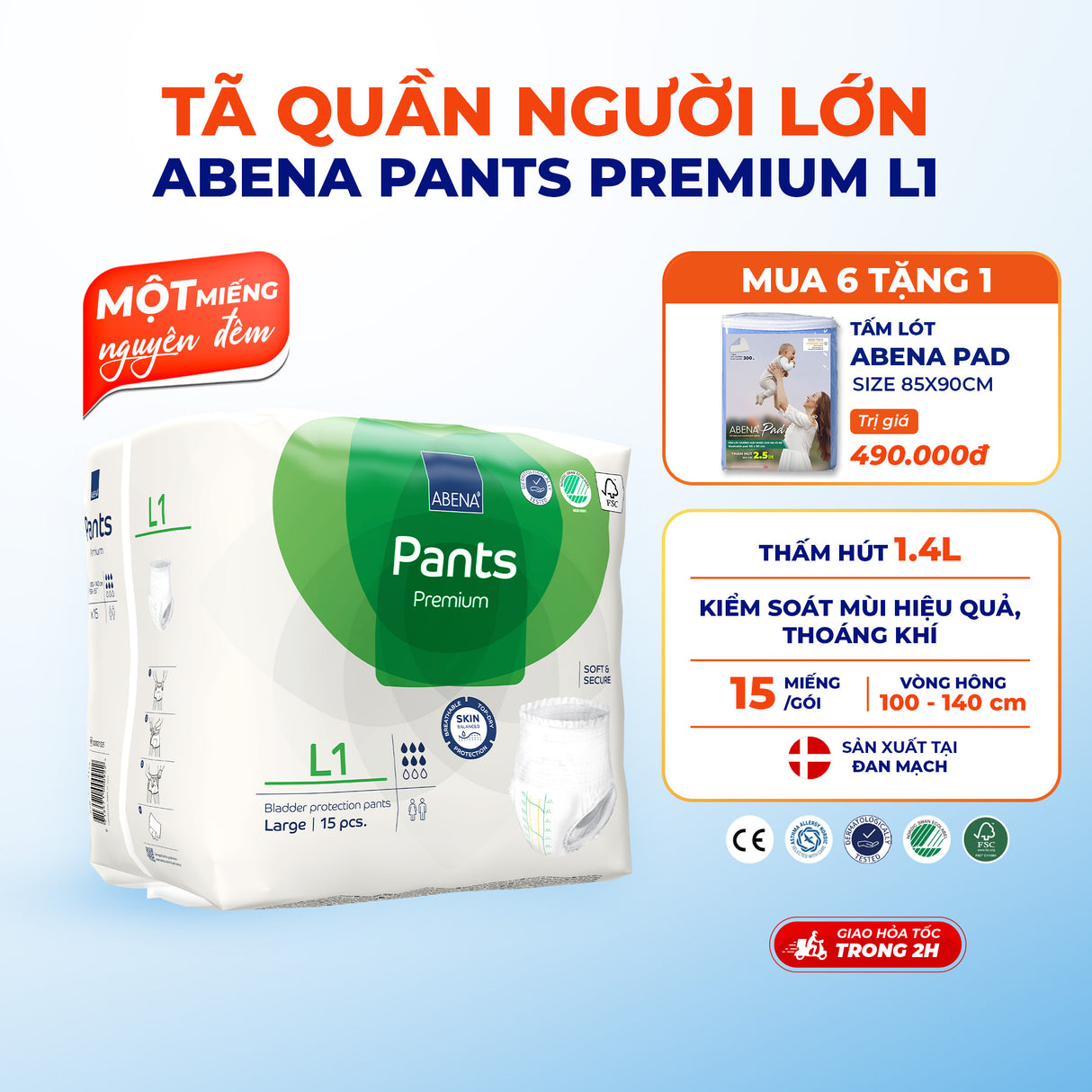 Tã quần người lớn Abena Pants Premium L1 thấm hút 1.400ml - Nhập khẩu Đan Mạch (Gói 15 miếng)