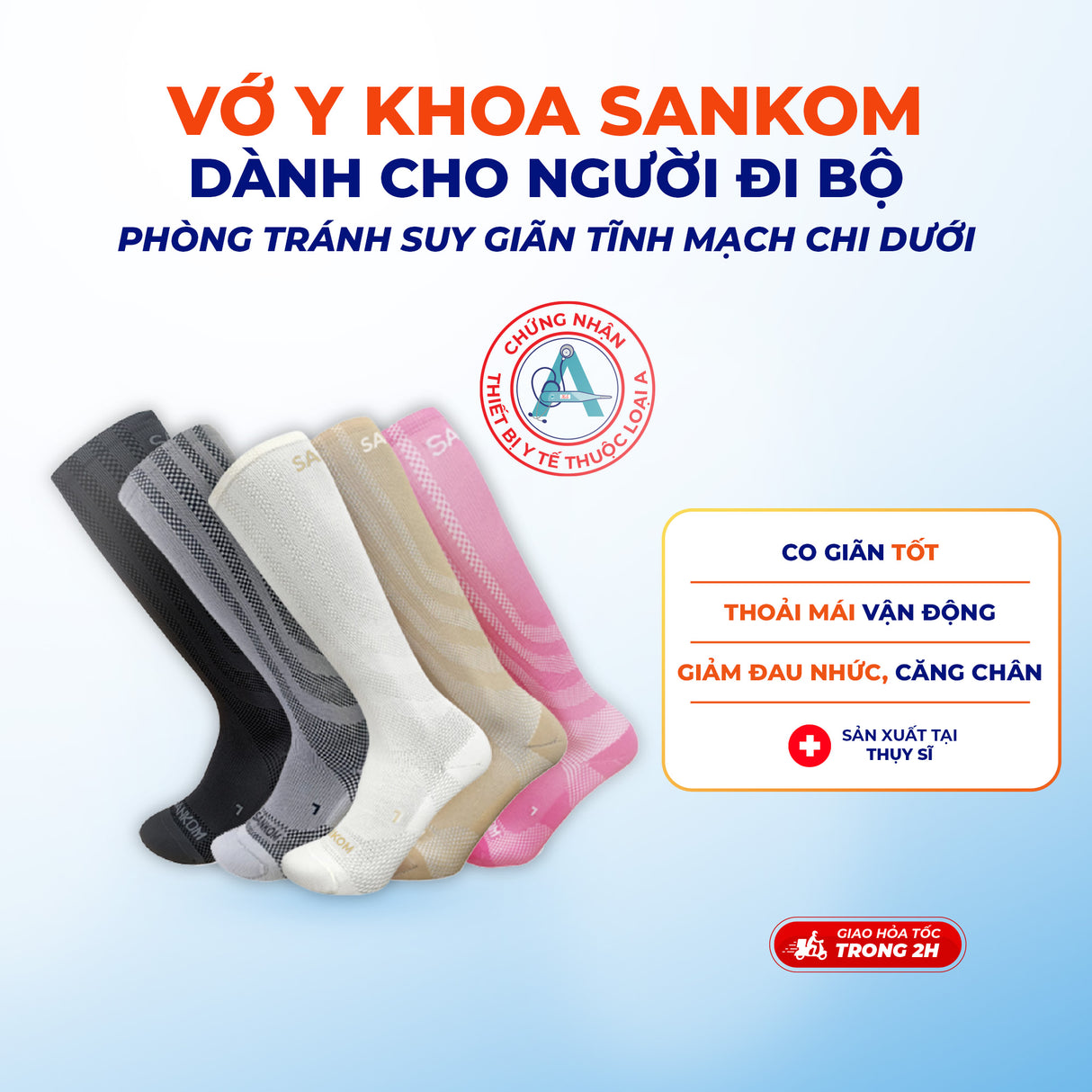 Vớ, Tất y khoa SANKOM - Giúp giảm suy giãn tĩnh mạch - Cho nam và nữ - Thụy Sĩ
