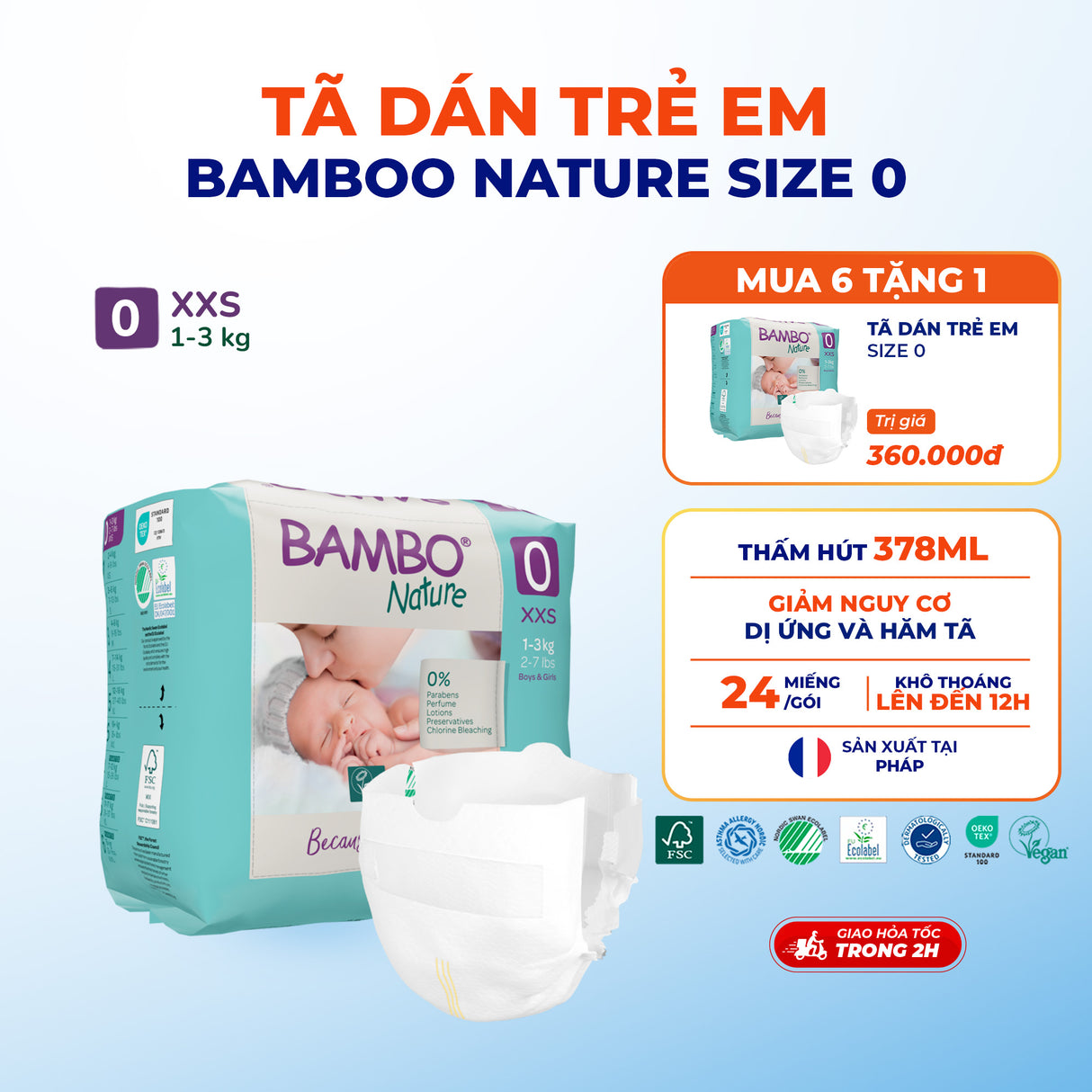 Tã Dán Hữu Cơ Trẻ Em Cao Cấp Bambo Nature - Thoáng Khí - Mỏng Nhẹ, An Toàn Cho Da Bé - Đạt Chứng Nhận An Toàn Quốc Tế