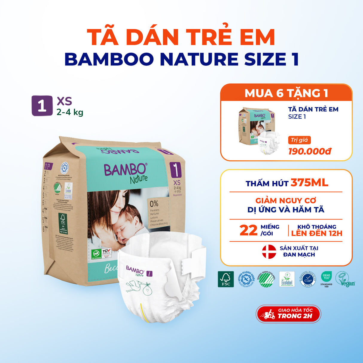Tã Dán Hữu Cơ Trẻ Em Cao Cấp Bambo Nature - Thoáng Khí - Mỏng Nhẹ, An Toàn Cho Da Bé - Đạt Chứng Nhận An Toàn Quốc Tế