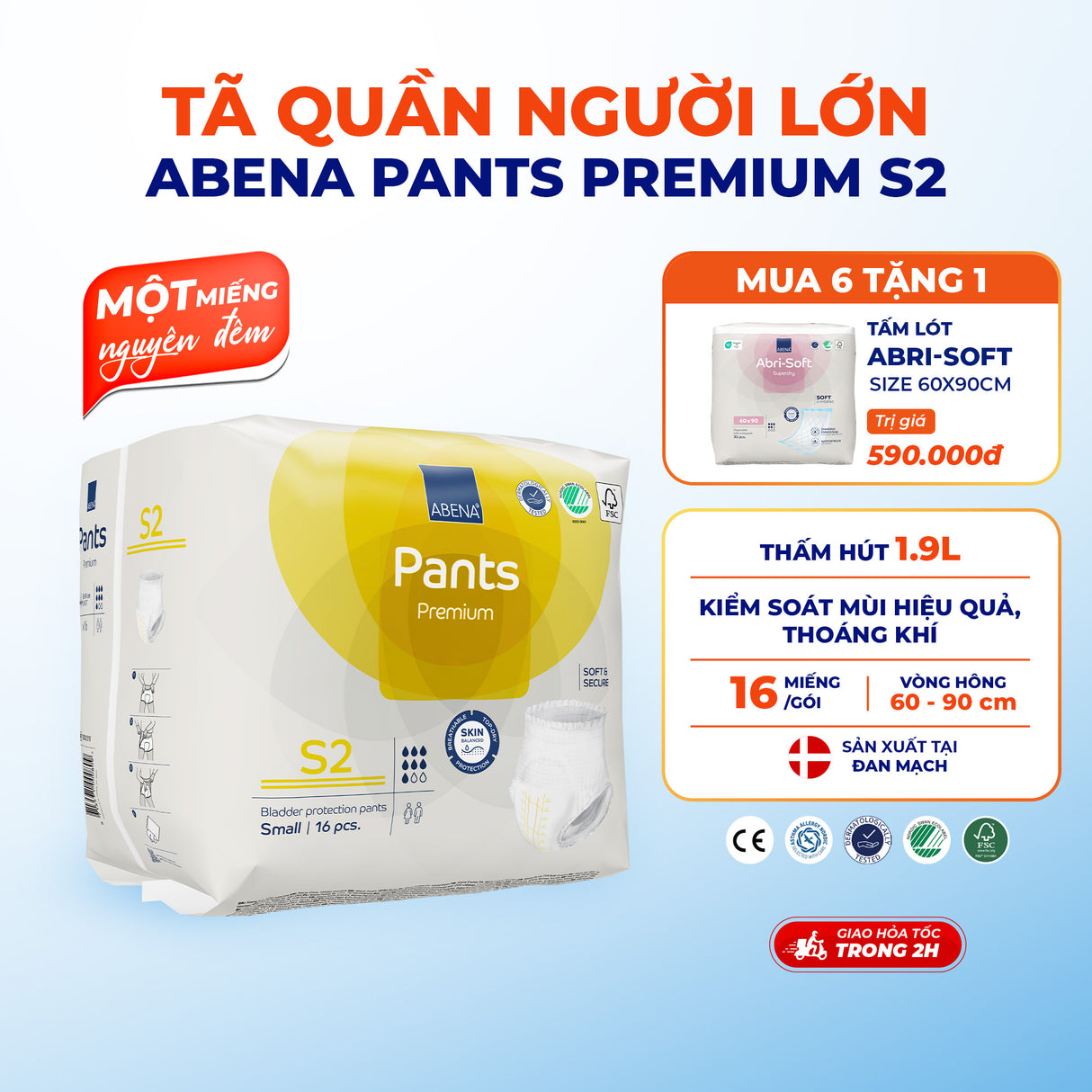 Tã quần người lớn Abena Pants Premium S2 thấm hút 1.900 ml - Nhâp khẩu Đan Mạch