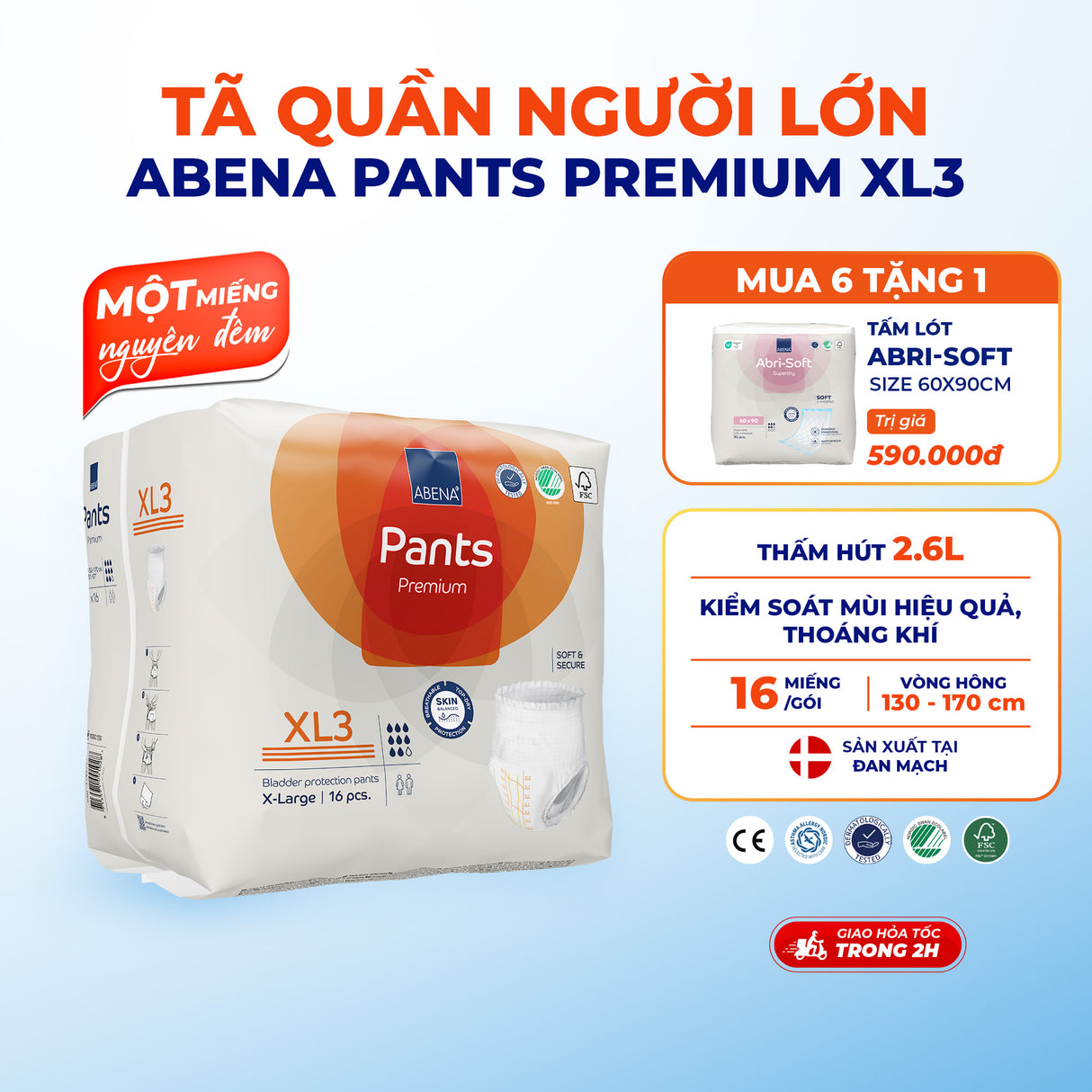 Tã quần người lớn Abena Pants Premium XL3 thấm hút 2.600ml - Nhập khẩu Đan Mạch
