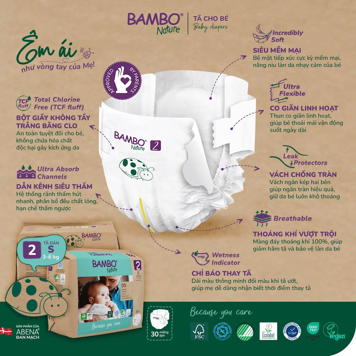 Tã Dán Hữu Cơ Trẻ Em Cao Cấp Bambo Nature - Thoáng Khí - Mỏng Nhẹ, An Toàn Cho Da Bé - Đạt Chứng Nhận An Toàn Quốc Tế - ABcare