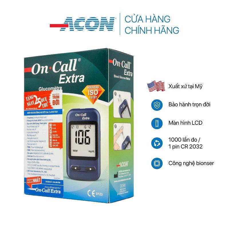Máy đo đường huyết Acon On-call Extra kèm hộp 25 que thử - bảo hành trọn đời - ABcare