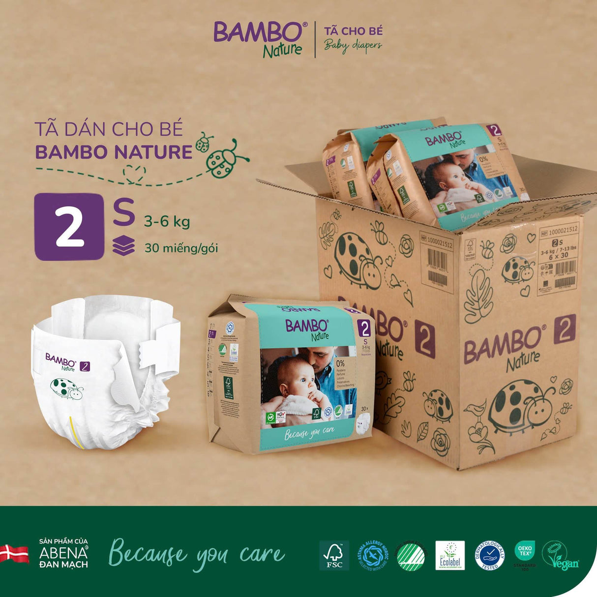 Tã Dán Hữu Cơ Trẻ Em Cao Cấp Bambo Nature - Thoáng Khí - Mỏng Nhẹ, An Toàn Cho Da Bé - Đạt Chứng Nhận An Toàn Quốc Tế - ABcare