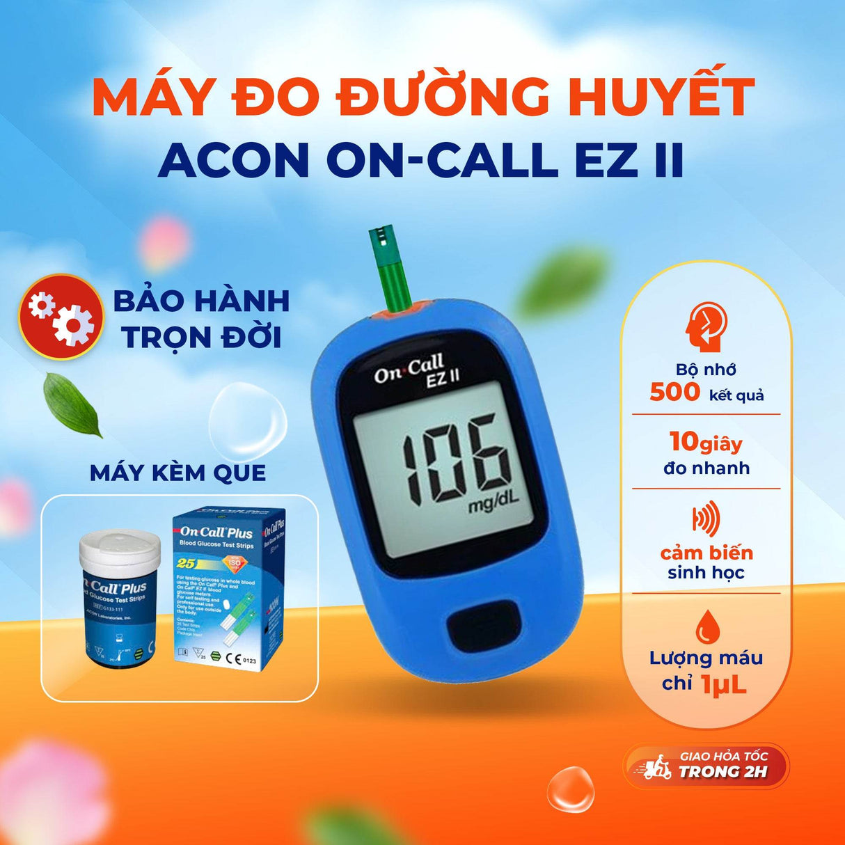 Máy đo đường huyết ACON On-Call EZII - Đo nhanh trong 10S Bảo hành trọn đời - ABcare