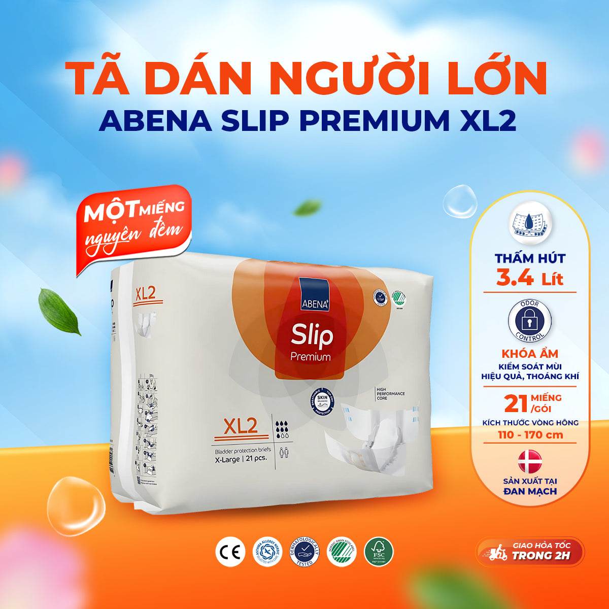 Tã Dán Người Lớn Abena Slip Premium XL2 - Thấm Hút Đến 3.4L - Thoáng Khí, Khóa Ẩm - Nhập Khẩu Từ Đan Mạch - ABcare