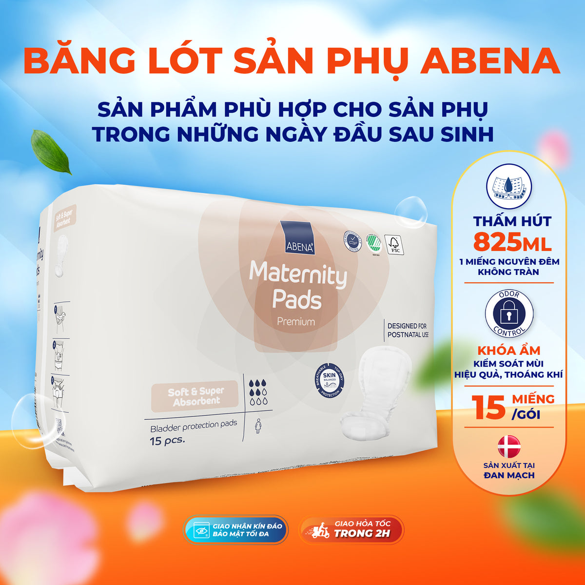 Băng lót sản phụ Abena Materity Pads Premium - Nhập khẩu Đan Mạch (Gói 15 miếng)