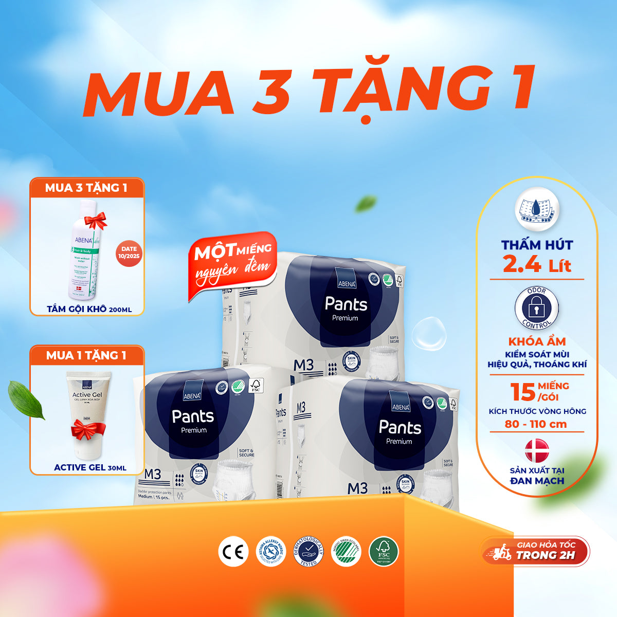 Tã quần người lớn Abena Pants Premium M3 miếng thấm hút 2.400ml - Nhập khẩu Đan Mạch