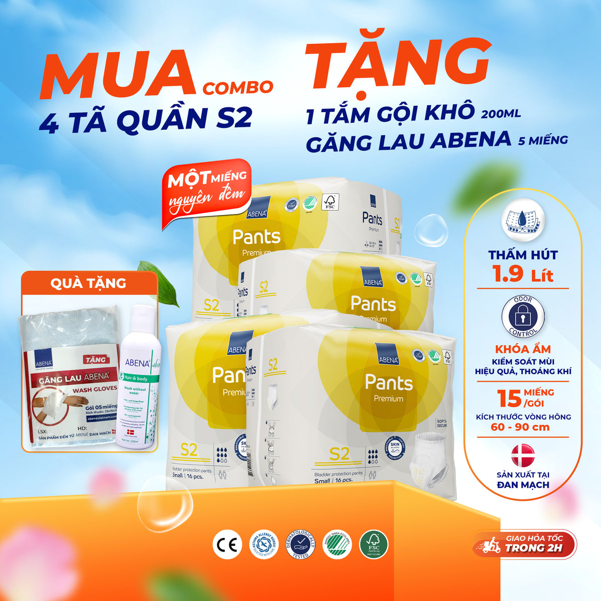 Tã quần người lớn Abena Pants Premium S2 thấm hút 1.900 ml - Nhâp khẩu Đan Mạch
