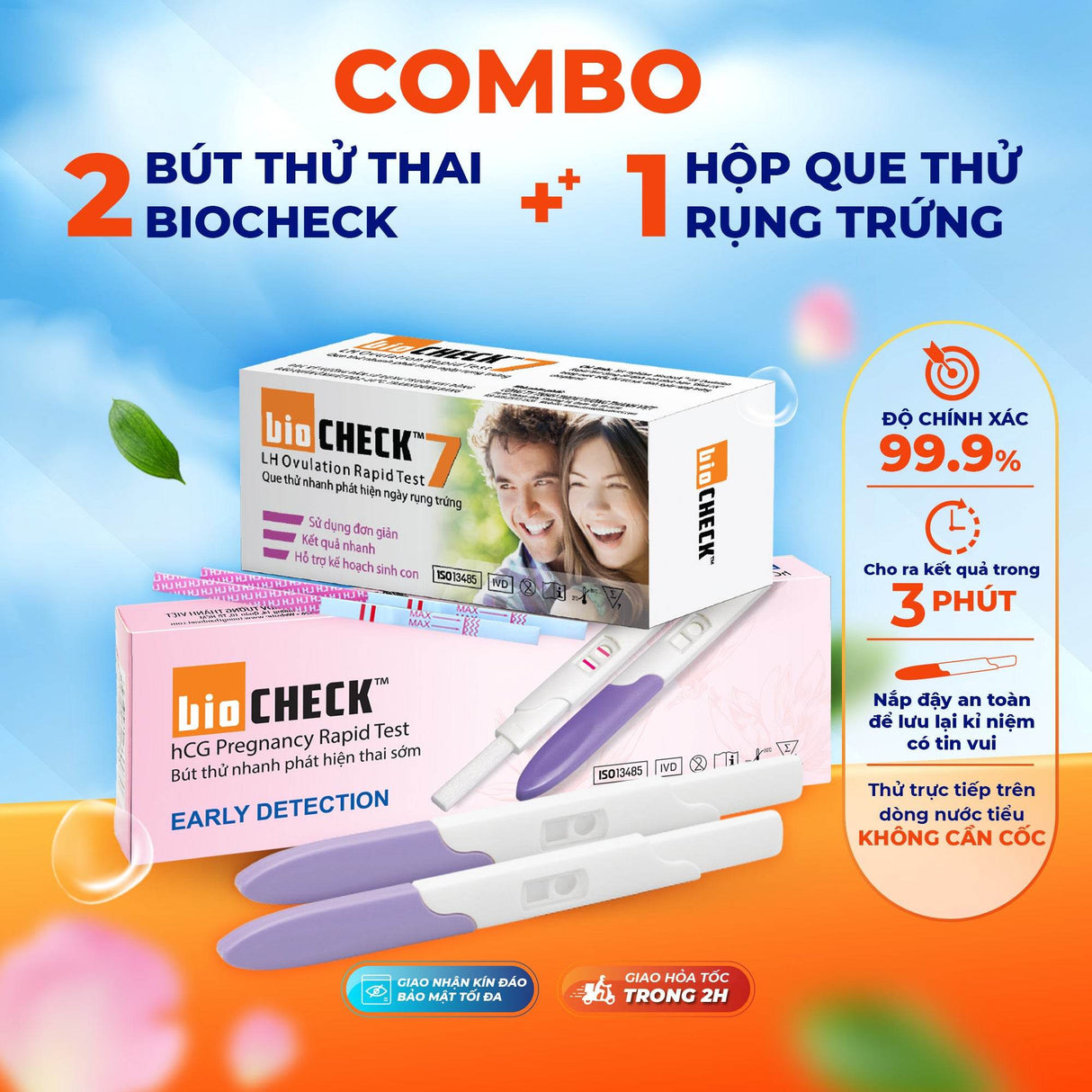 Combo 2 bút thử thai kèm hộp 7 que thử rụng trứng Biocheck - ABcare