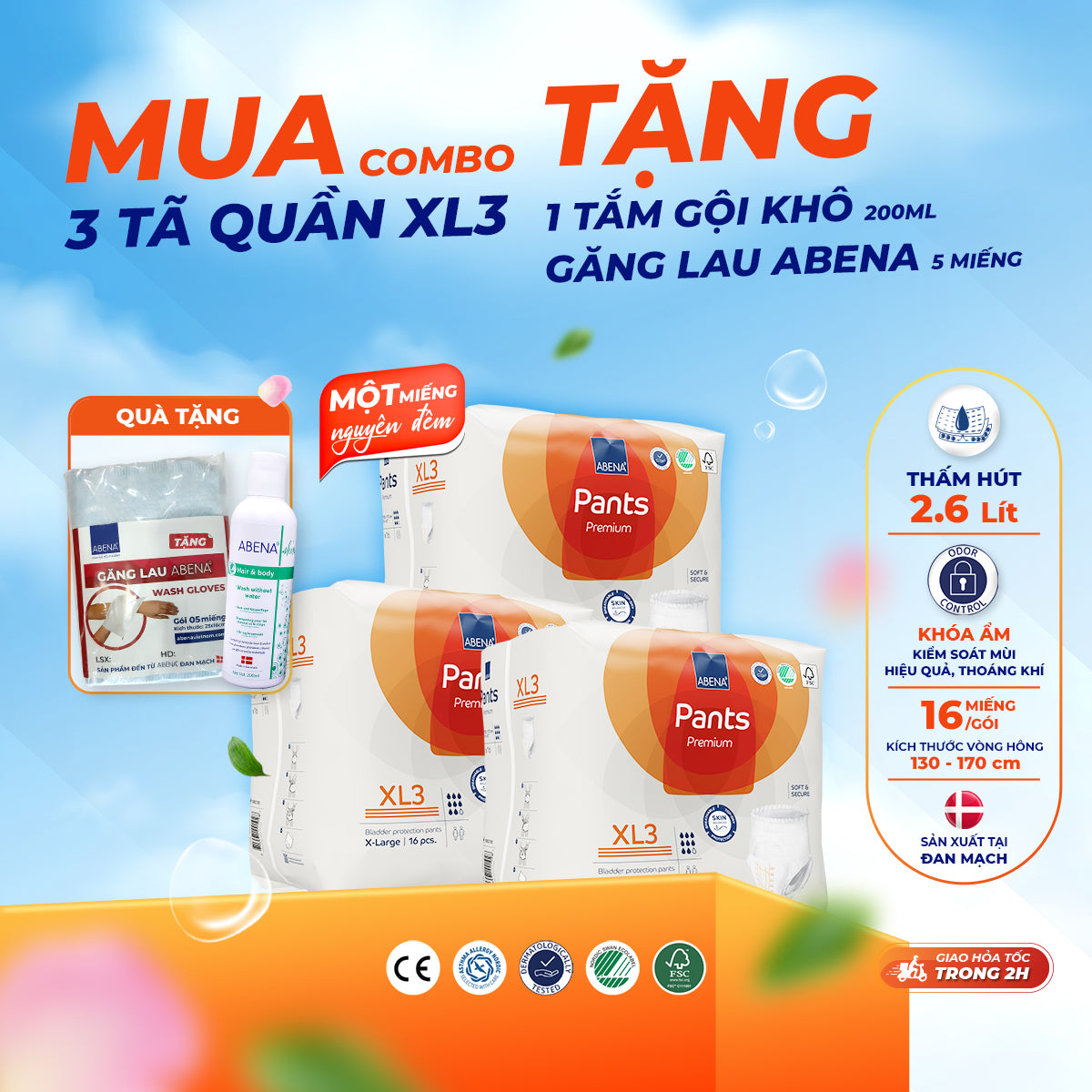 Tã quần người lớn Abena Pants Premium XL3 thấm hút 2.600ml - Nhập khẩu Đan Mạch