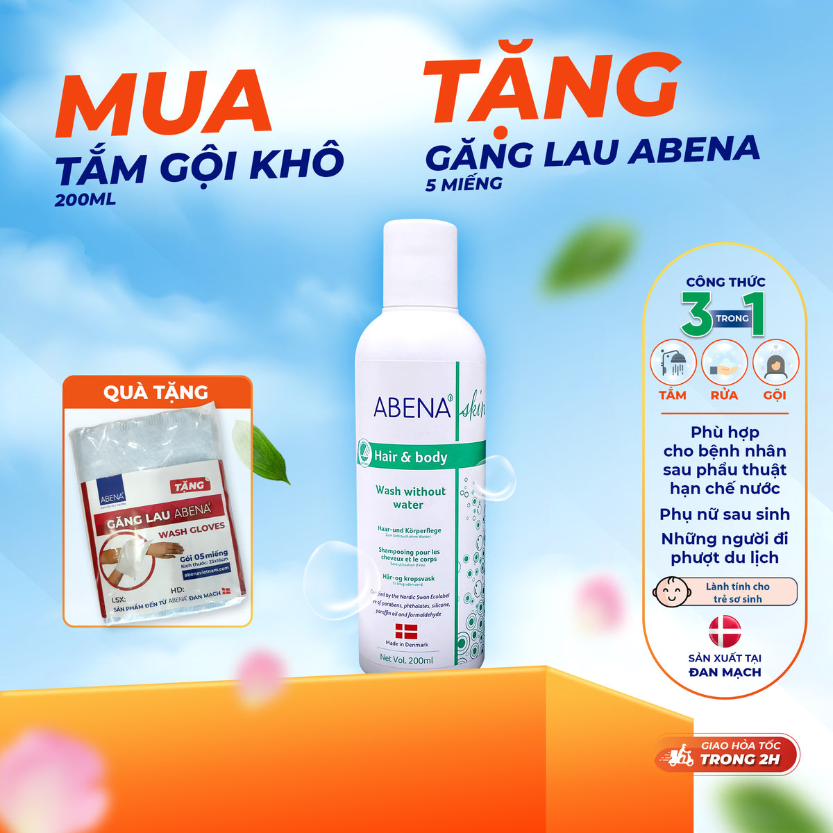 Dầu gội tắm khô Abena giúp làm sạch dịu nhẹ an toàn cho da - Nhập Khẩu Đan Mạch (Chai 200m )