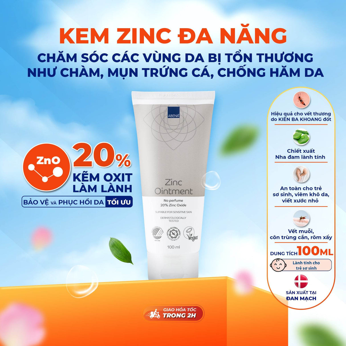 Kem đa năng Abena Zinc Ointment - Nhập Khẩu Đan Mạch - Chăm sóc các vùng da bị tổn thương như chàm, mụn trứng cá - ABcare