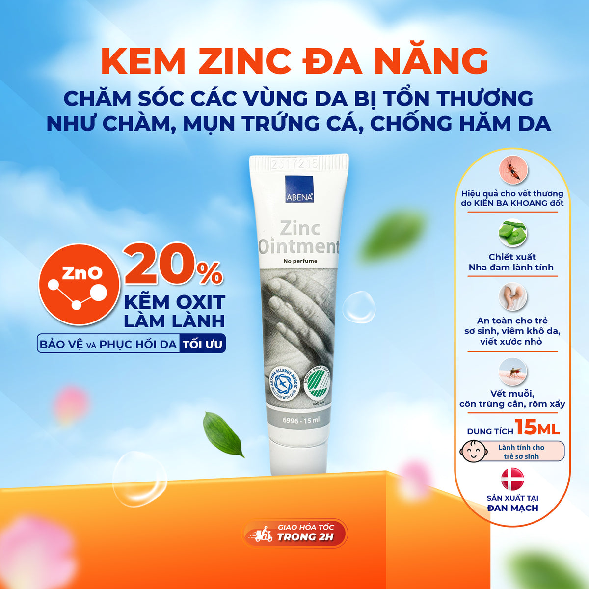 Kem đa năng Abena Zinc Ointment - Nhập Khẩu Đan Mạch - Chăm sóc các vùng da bị tổn thương như chàm, mụn trứng cá