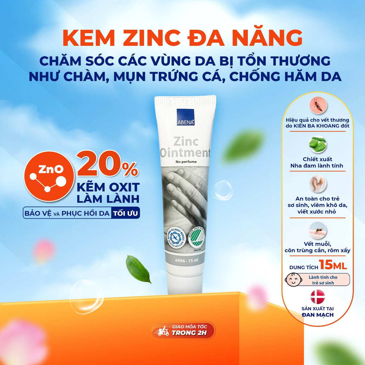 Kem đa năng Abena Zinc Ointment - Nhập Khẩu Đan Mạch - Chăm sóc các vùng da bị tổn thương như chàm, mụn trứng cá - ABcare
