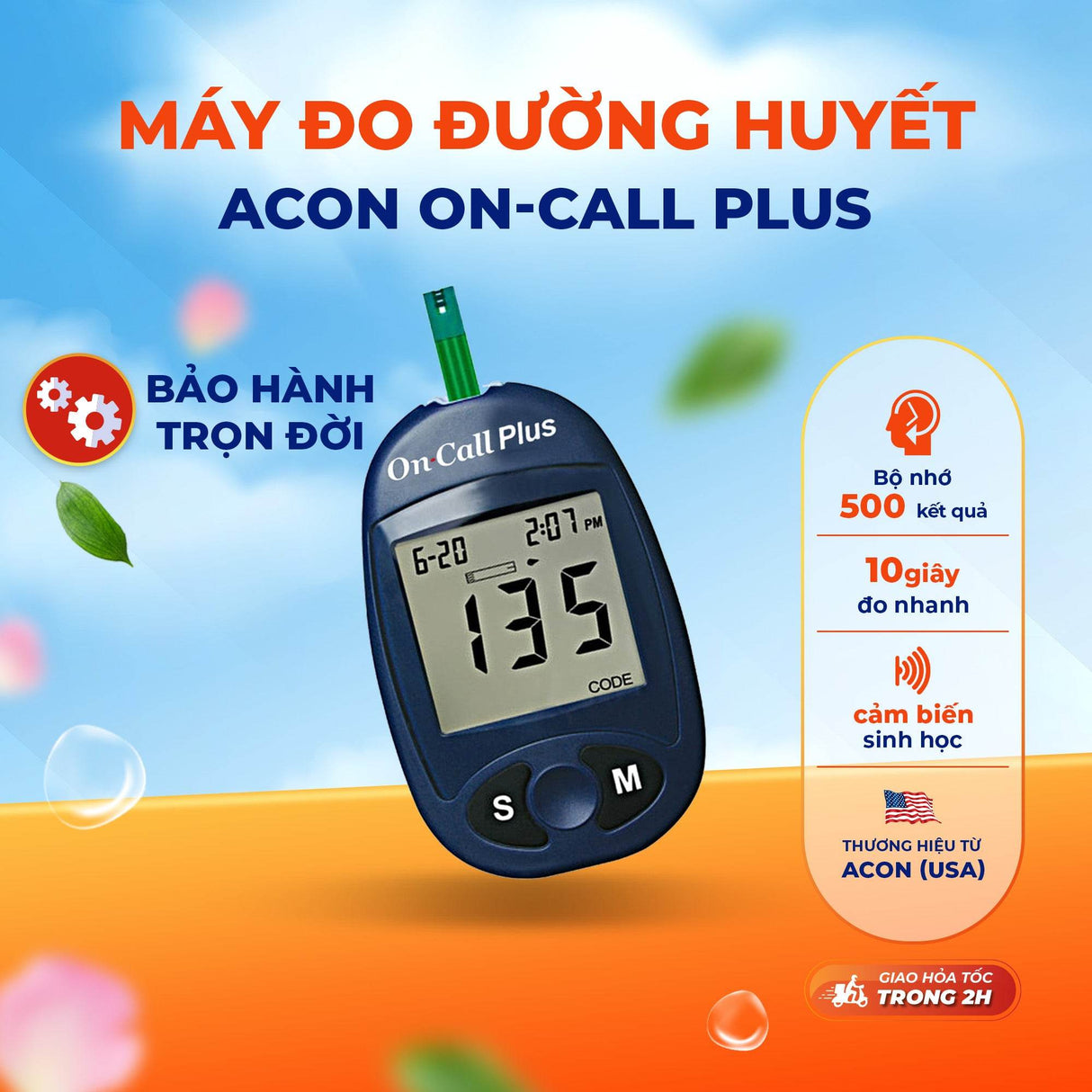 Máy đo đường huyết ACON On Call Plus - Đo nhanh trong 10S bảo hành trọn đời - ABcare