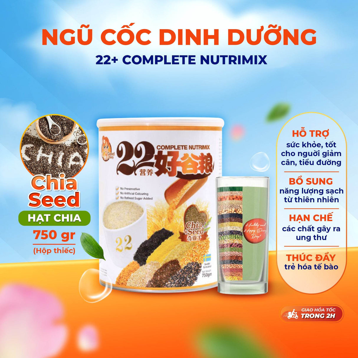 Bột Ngũ Cốc Dinh Dưỡng 22 Complete Nutrimix (750 G/Hộp Thiếc), hỗ trợ chăm sóc sức khỏe Hạn chế các chất gây ra ung thư - ABcare