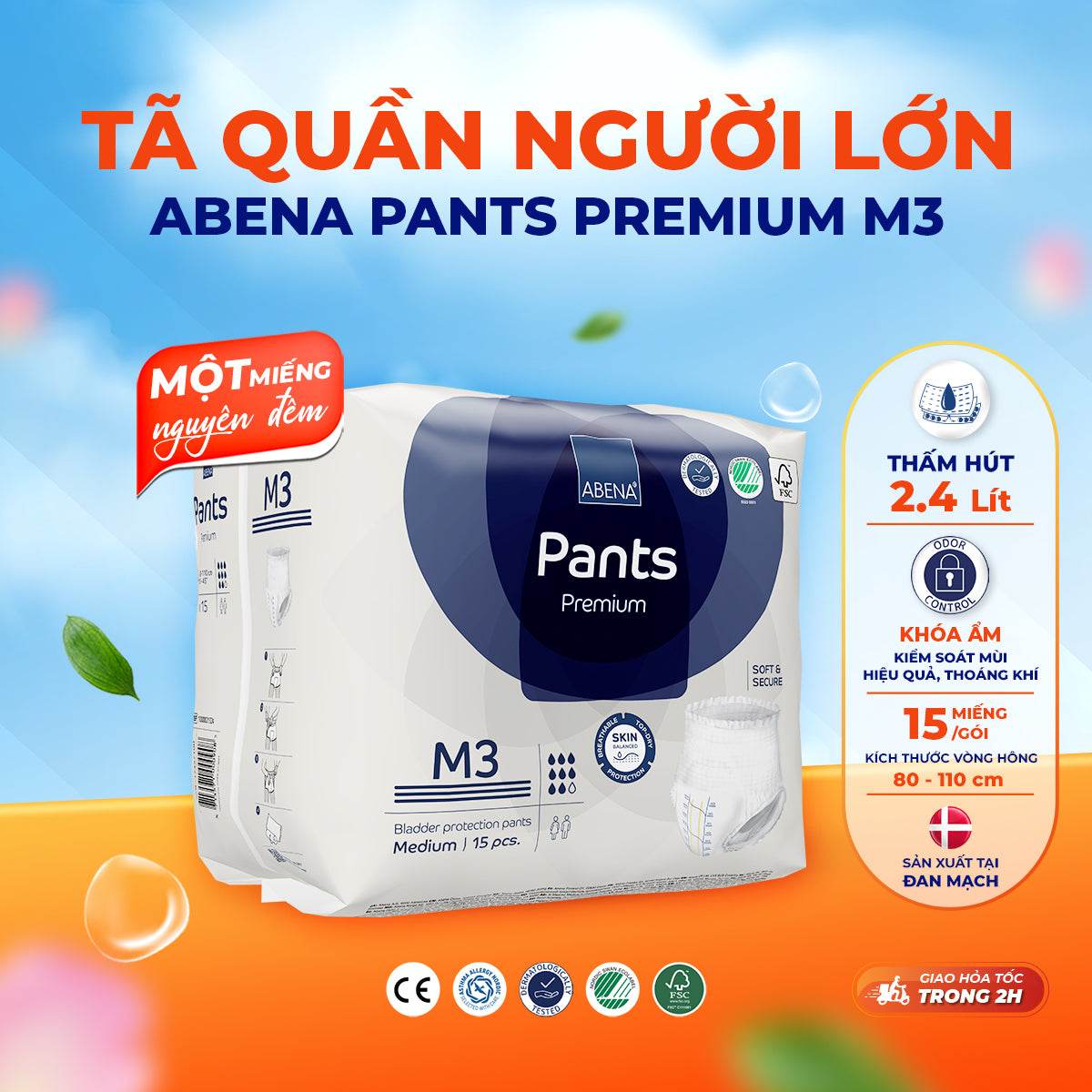 Tã quần người lớn Abena Pants Premium M3 miếng thấm hút 2.400ml - Nhập khẩu Đan Mạch - ABcare