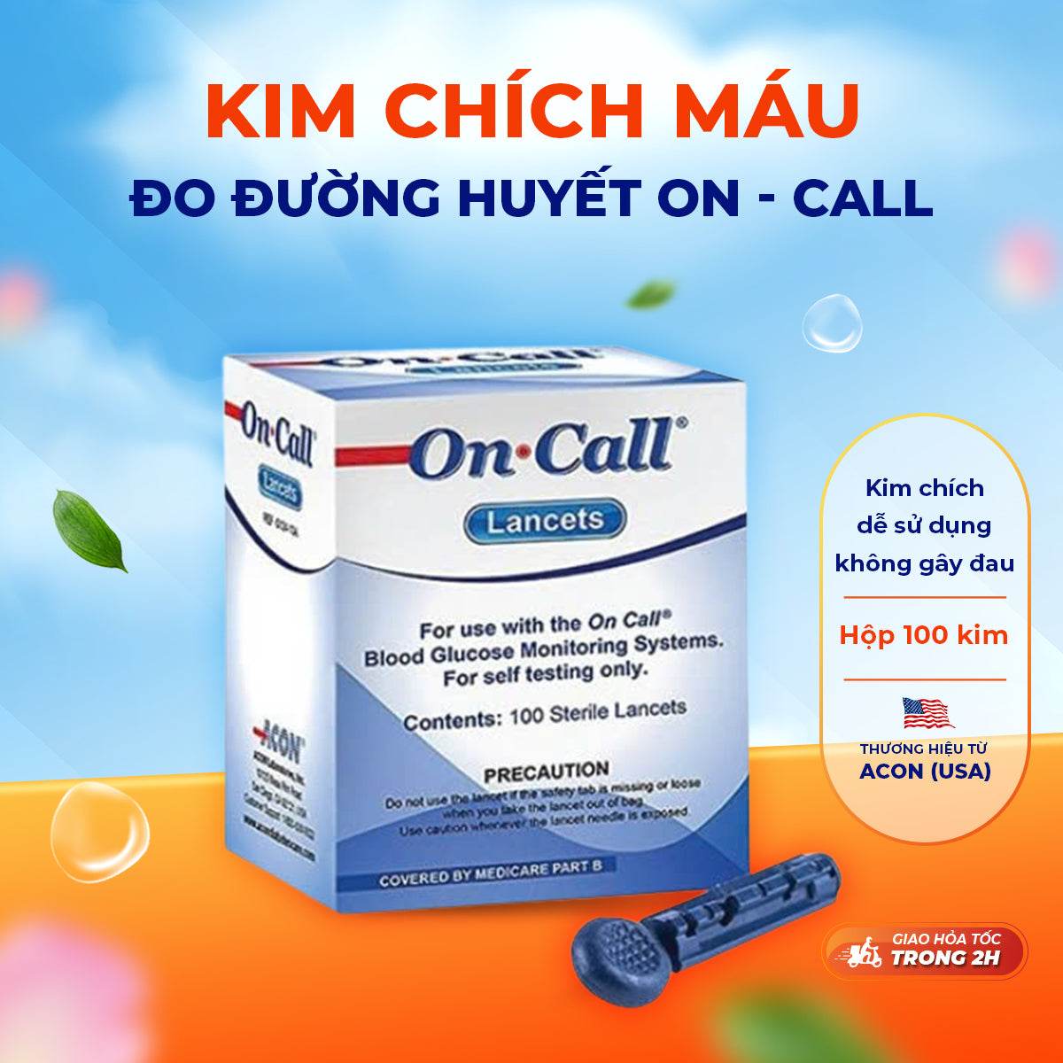 Kim chích máu thử đường huyết Acon On-call Plus (100 kim / hộp) - ABcare