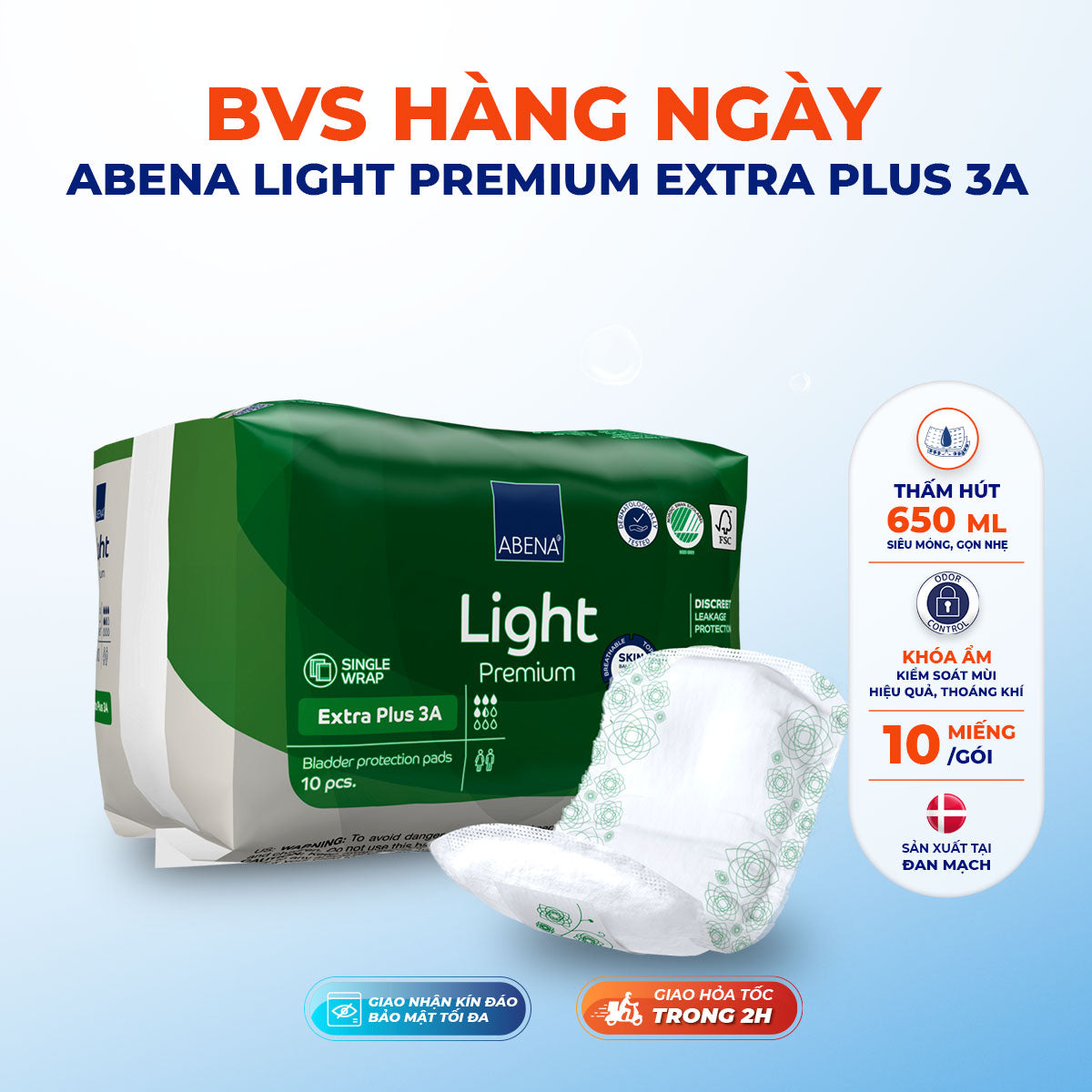 Băng Vệ Sinh Abena Light Premium Extra Plus 3A - Siêu Thấm Hút 650ml - 10 Miếng/Gói - Chính Hãng Đan Mạch