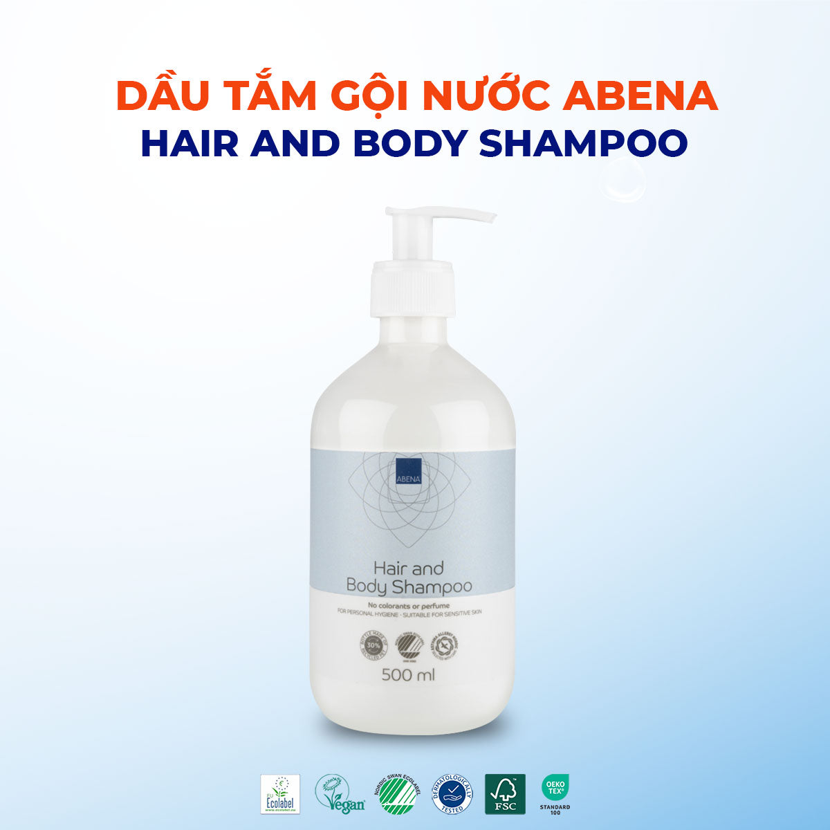 Dầu gội & sữa tắm ABENA Hair and Body Shampoo 500ml (không màu, không mùi)