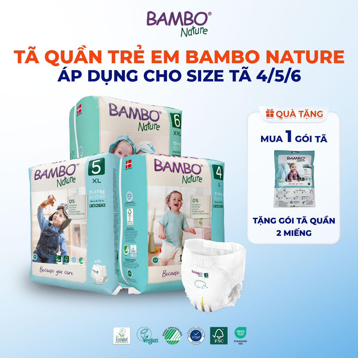 Tã Quần Hữu Cơ Trẻ Em Cao Cấp Bambo Nature - Thoáng Khí - Mỏng Nhẹ, An Toàn Cho Da Bé - Đạt Chứng Nhận An Toàn Quốc Tế
