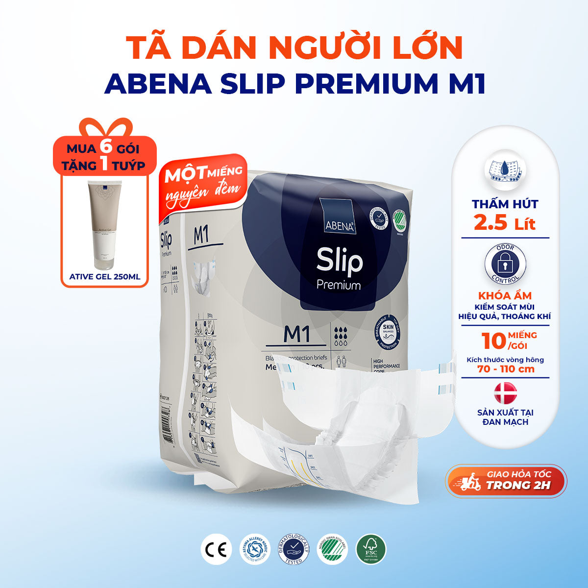 Tã dán người lớn Abena Slip premium M1 - Thấm hút 2 lít 1 miếng nguyên đêm