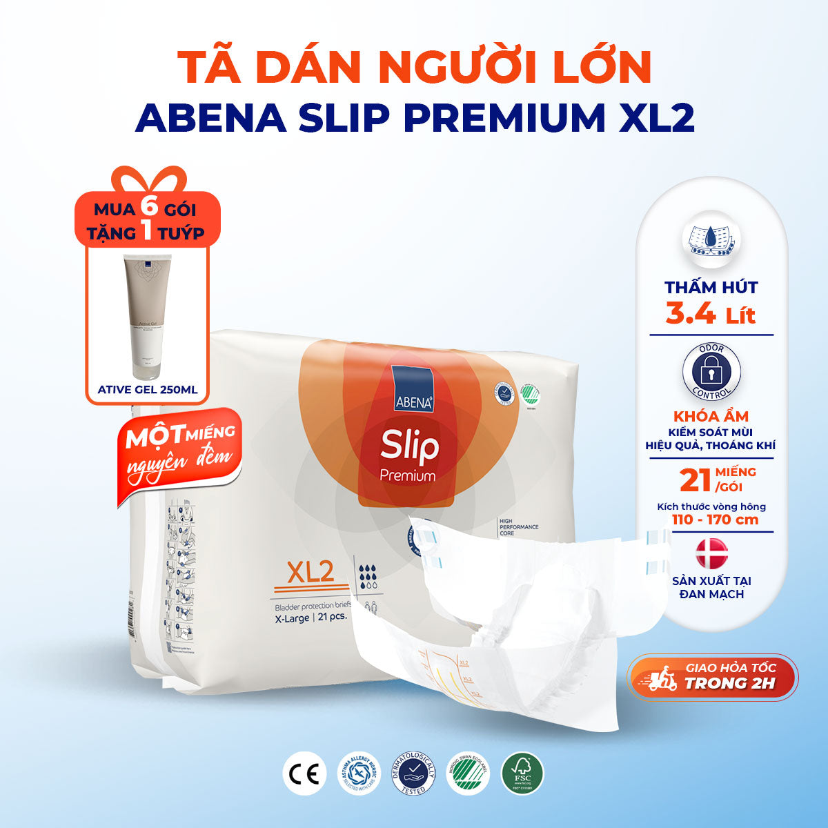 Tã Dán Người Lớn Abena Slip Premium XL2 - Thấm Hút Đến 3.4L - Thoáng Khí, Khóa Ẩm - Nhập Khẩu Từ Đan Mạch