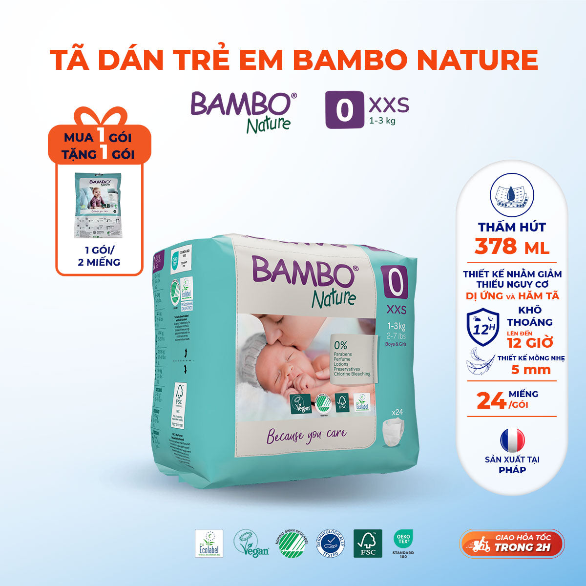 Tã Dán Hữu Cơ Trẻ Em Cao Cấp Bambo Nature - Thoáng Khí - Mỏng Nhẹ, An Toàn Cho Da Bé - Đạt Chứng Nhận An Toàn Quốc Tế