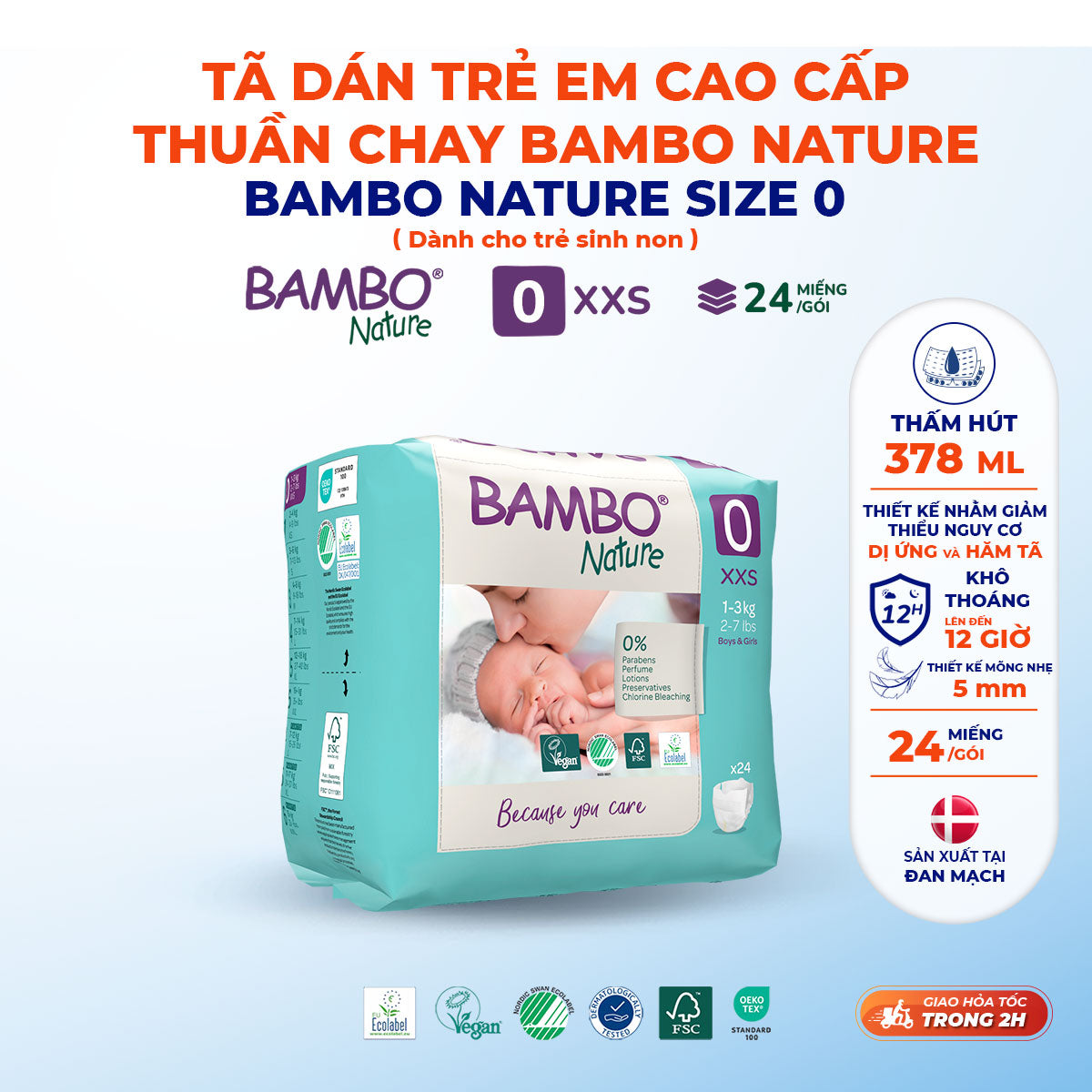 Tã Dán Hữu Cơ Trẻ Em Cao Cấp Bambo Nature - Thoáng Khí - Mỏng Nhẹ, An Toàn Cho Da Bé - Đạt Chứng Nhận An Toàn Quốc Tế