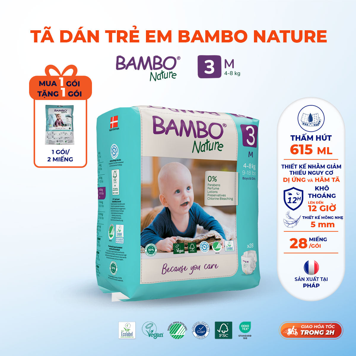 Tã Dán Hữu Cơ Trẻ Em Cao Cấp Bambo Nature - Thoáng Khí - Mỏng Nhẹ, An Toàn Cho Da Bé - Đạt Chứng Nhận An Toàn Quốc Tế