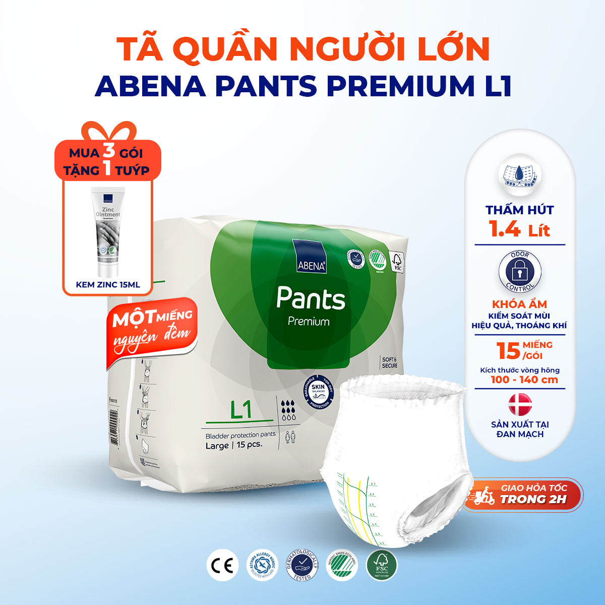 Tã quần người lớn Abena Pants Premium L1 thấm hút 1.400ml - Nhập khẩu Đan Mạch (Gói 15 miếng)
