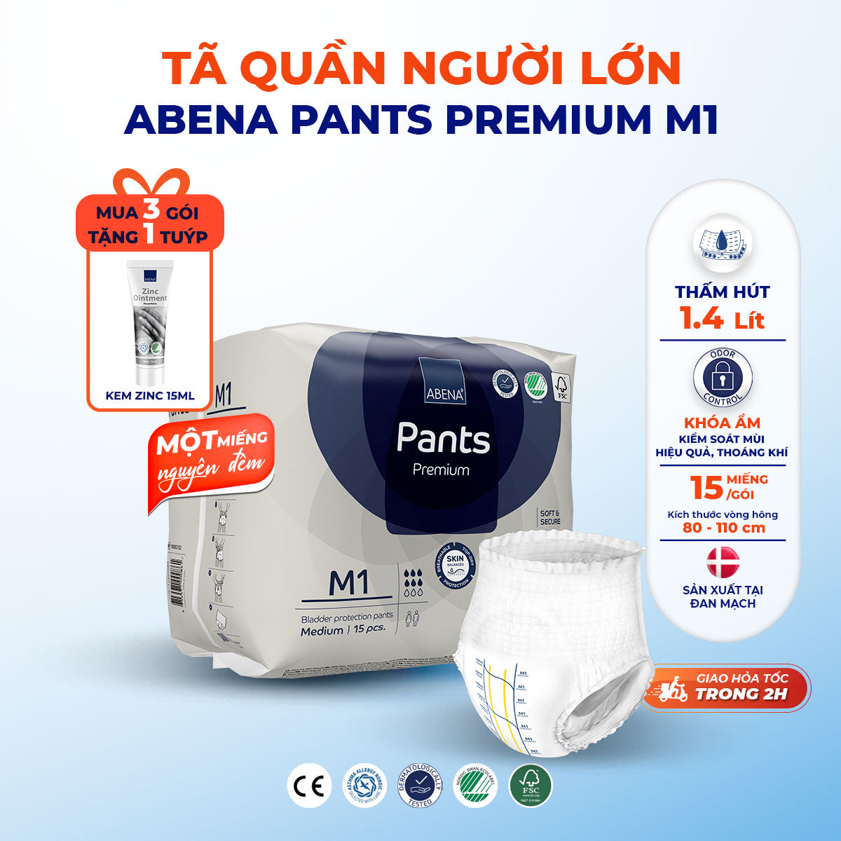 Tã quần người lớn Abena Pants Premium M1 - Miếng thấm hút 1.400ml - Nhập khẩu Đan Mạch