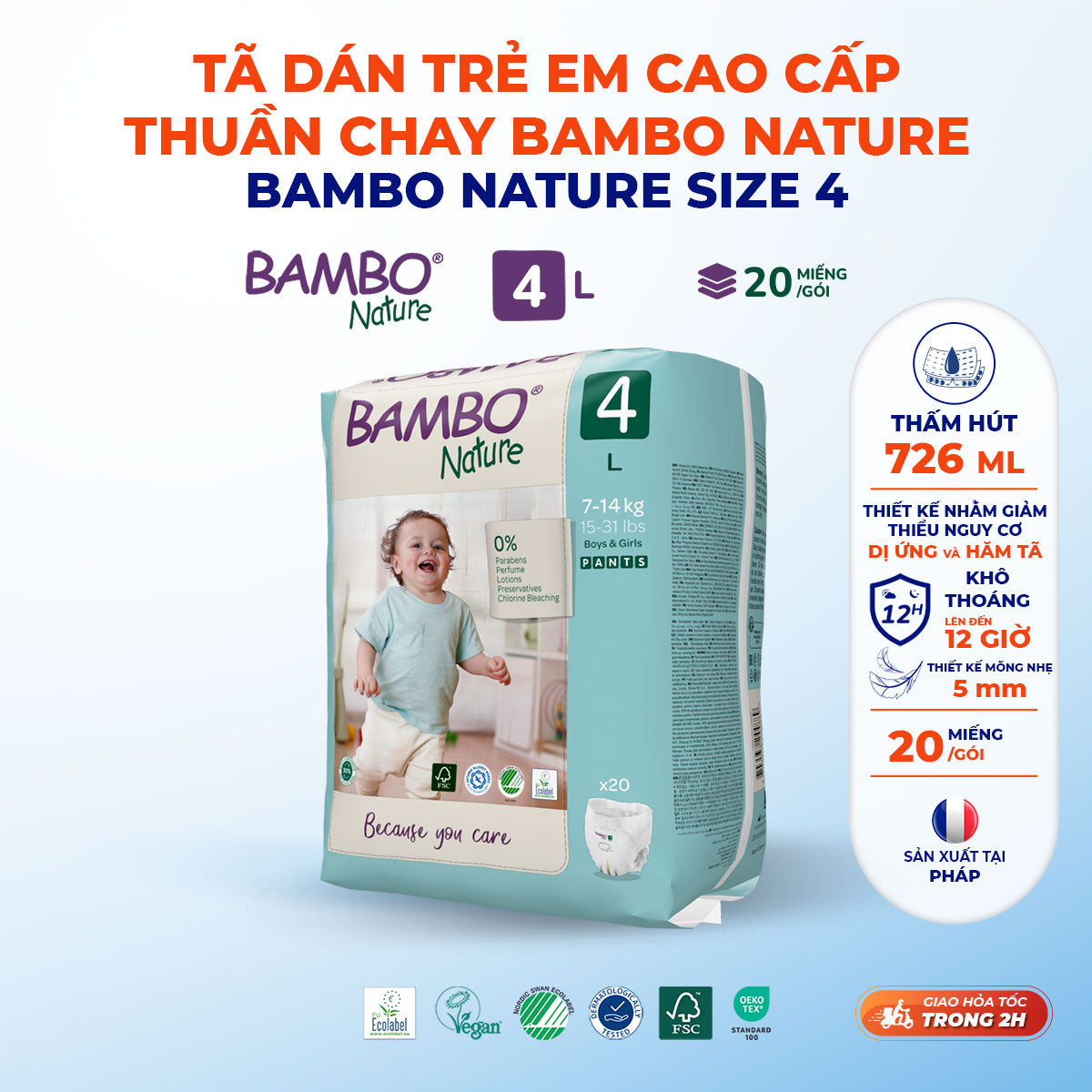 Tã Quần Hữu Cơ Trẻ Em Cao Cấp Bambo Nature - Thoáng Khí - Mỏng Nhẹ, An Toàn Cho Da Bé - Đạt Chứng Nhận An Toàn Quốc Tế