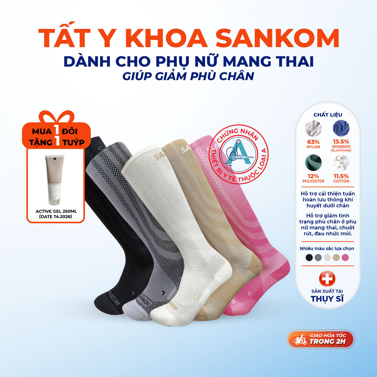 Vớ, Tất y khoa SANKOM - Giúp giảm suy giãn tĩnh mạch - Cho nam và nữ - Thụy Sĩ