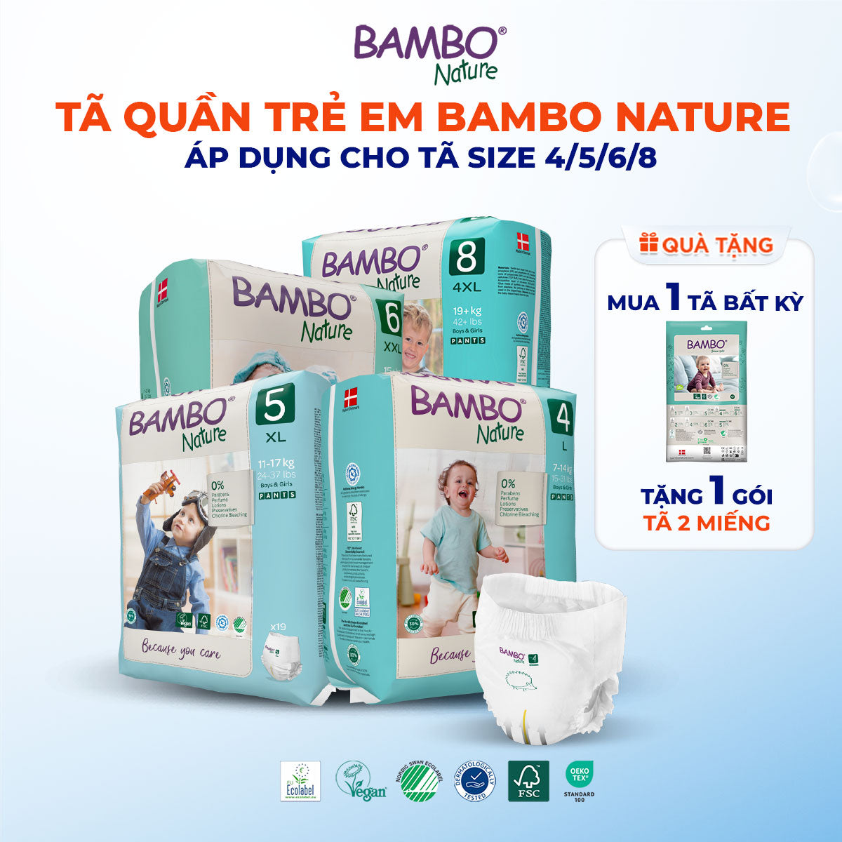Tã Quần Hữu Cơ Trẻ Em Cao Cấp Bambo Nature - Thoáng Khí - Mỏng Nhẹ, An Toàn Cho Da Bé - Đạt Chứng Nhận An Toàn Quốc Tế