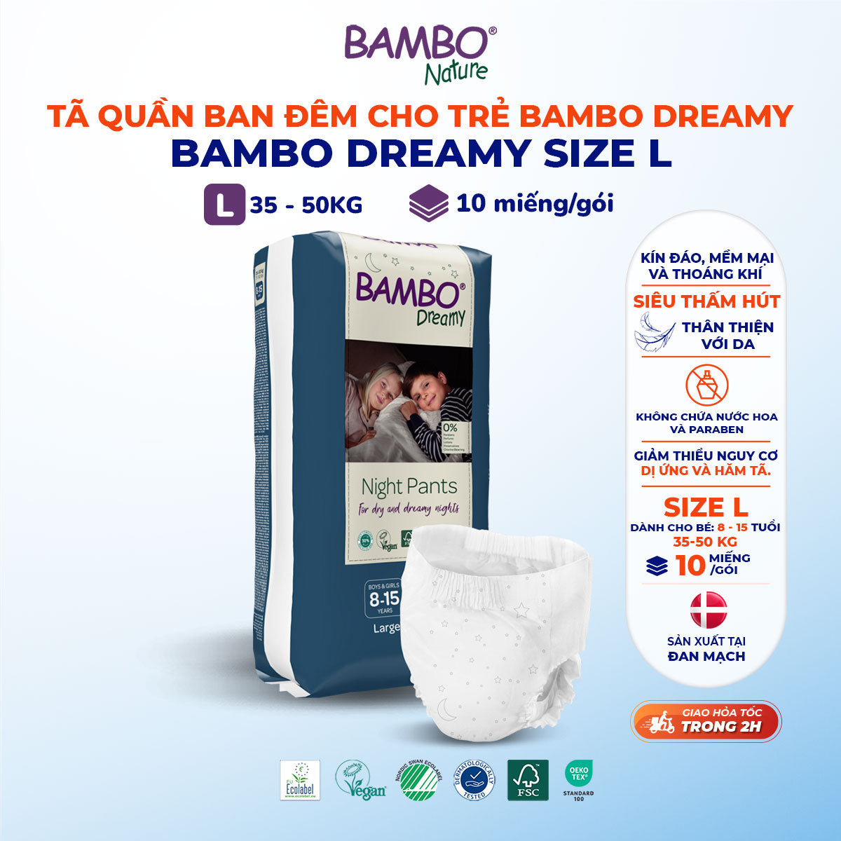Tã Quần Ban Đêm Bambo Dreamy 4-15 Tuổi - Mềm Mại, Thoáng Khí, Siêu Thấm Hút Ban Đêm - Nhập Khẩu Từ Đan Mạch