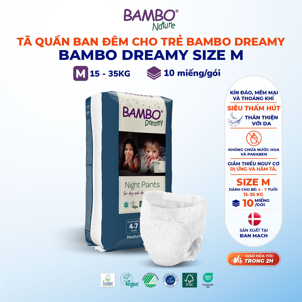Tã Quần Ban Đêm Bambo Dreamy 4-15 Tuổi - Mềm Mại, Thoáng Khí, Siêu Thấm Hút Ban Đêm - Nhập Khẩu Từ Đan Mạch
