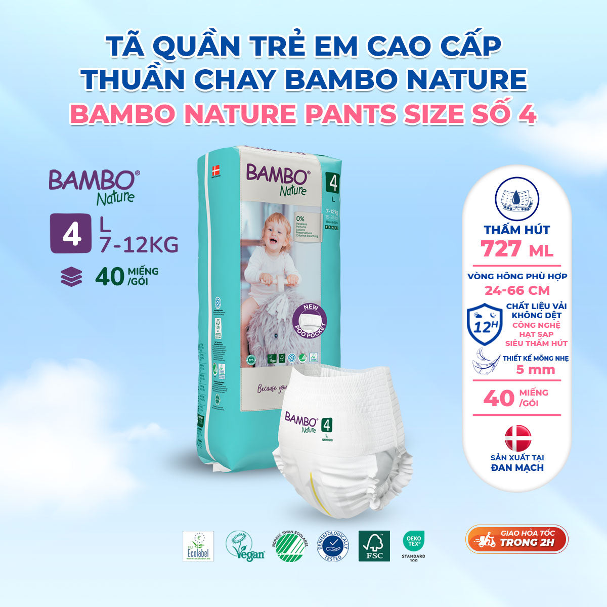 Tã Quần Hữu Cơ Trẻ Em Cao Cấp Bambo Nature - Thoáng Khí - Mỏng Nhẹ, An Toàn Cho Da Bé - Đạt Chứng Nhận An Toàn Quốc Tế