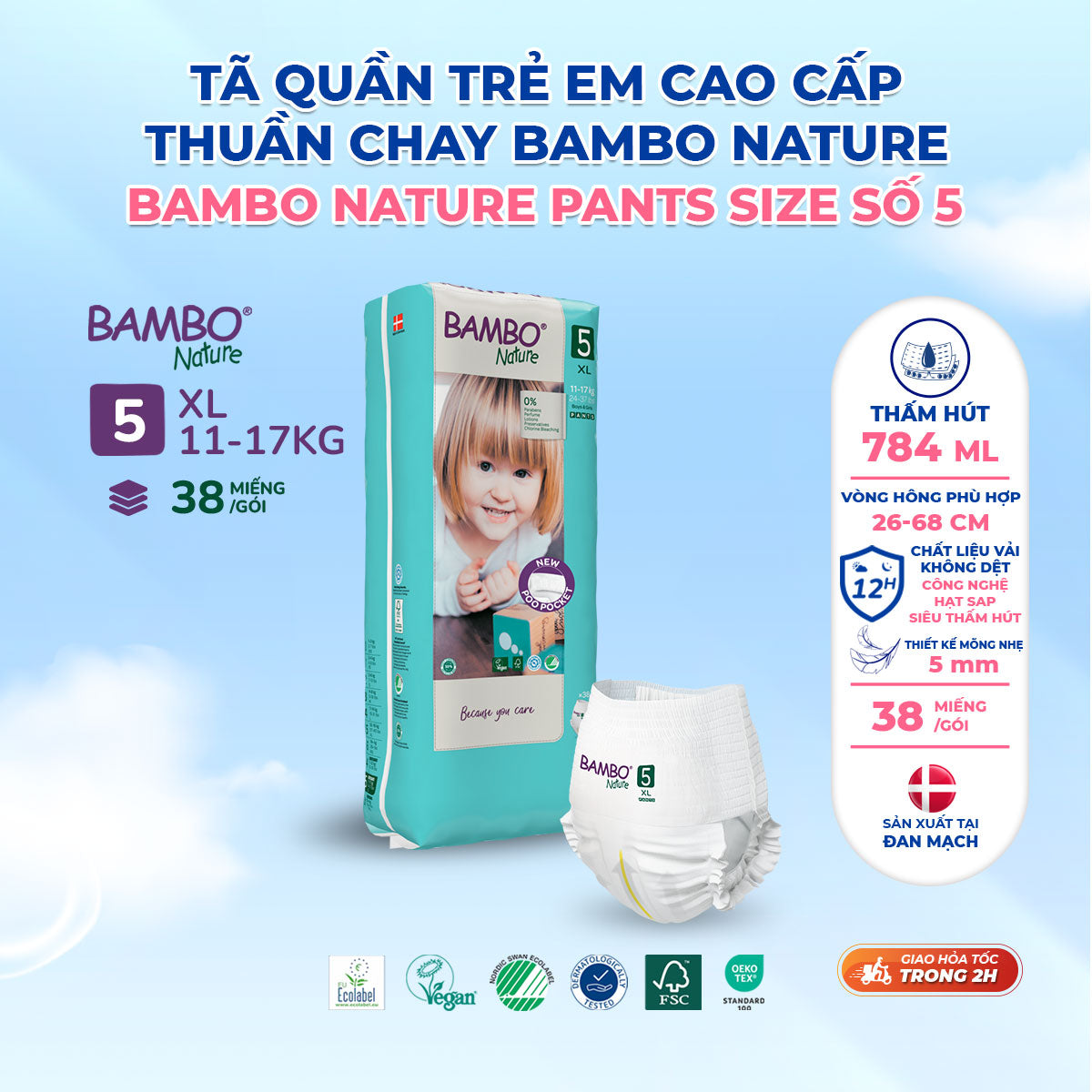Tã Quần Hữu Cơ Trẻ Em Cao Cấp Bambo Nature - Thoáng Khí - Mỏng Nhẹ, An Toàn Cho Da Bé - Đạt Chứng Nhận An Toàn Quốc Tế